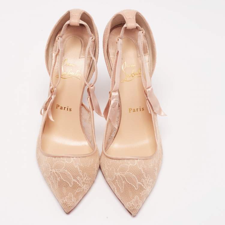 Pre Owned Christian Louboutin Beige Lace and Satin Hot Jeanbi Pumps Size 40