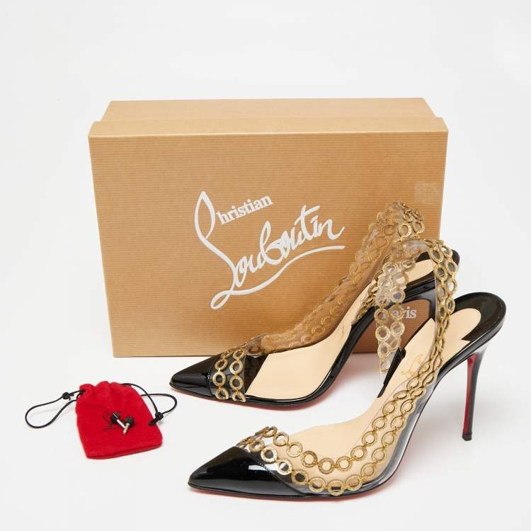 Pre Owned Christian Louboutin Black Patent Leather and PVC Malaika Chain Slingback Pumps Size 40