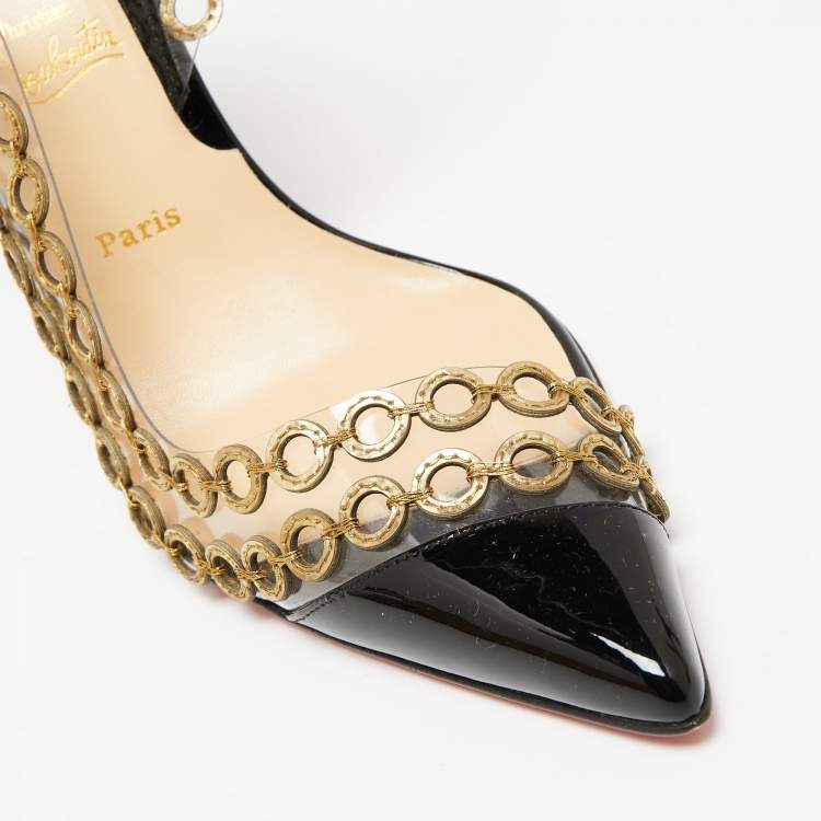 Pre Owned Christian Louboutin Black Patent Leather and PVC Malaika Chain Slingback Pumps Size 40