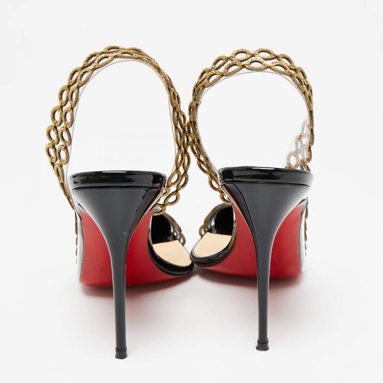 Pre Owned Christian Louboutin Black Patent Leather and PVC Malaika Chain Slingback Pumps Size 40