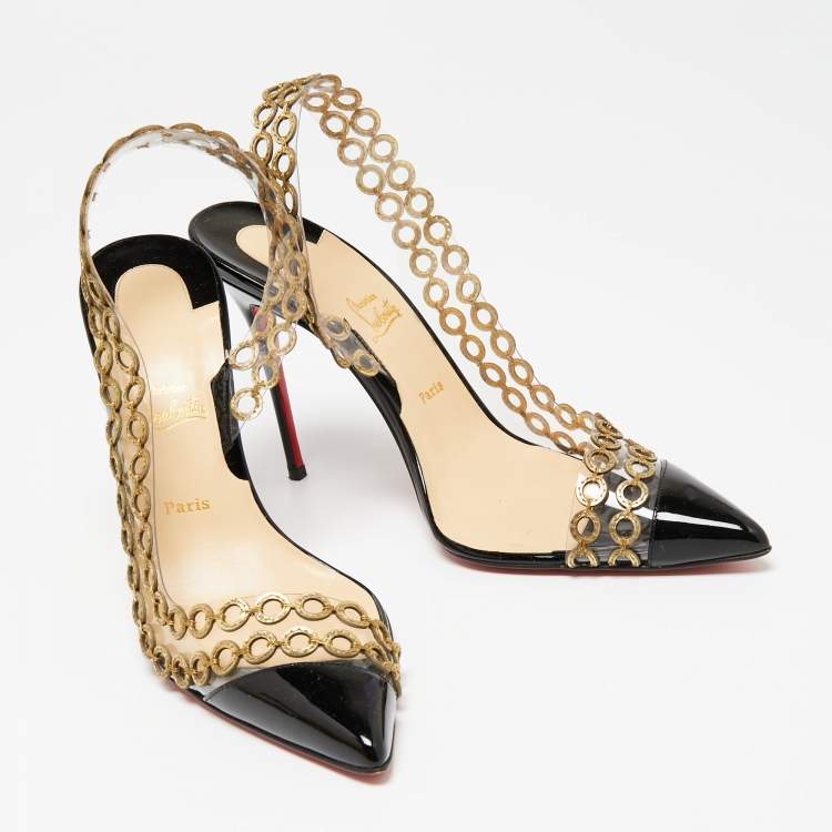 Pre Owned Christian Louboutin Black Patent Leather and PVC Malaika Chain Slingback Pumps Size 40