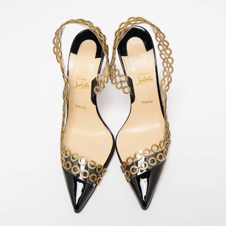 Pre Owned Christian Louboutin Black Patent Leather and PVC Malaika Chain Slingback Pumps Size 40