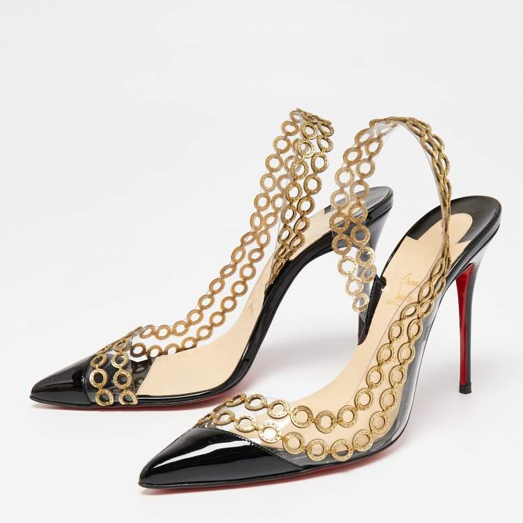 Pre Owned Christian Louboutin Black Patent Leather and PVC Malaika Chain Slingback Pumps Size 40