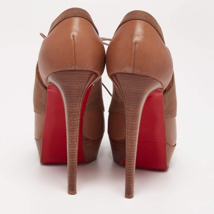 مملوكة مسبقًا Christian Louboutin Tan/Brown Leather and Canvas Lace-Up Ankle Booties Size 39.5