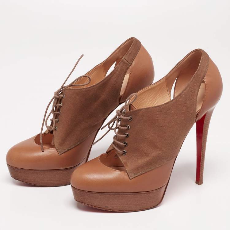 مملوكة مسبقًا Christian Louboutin Tan/Brown Leather and Canvas Lace-Up Ankle Booties Size 39.5