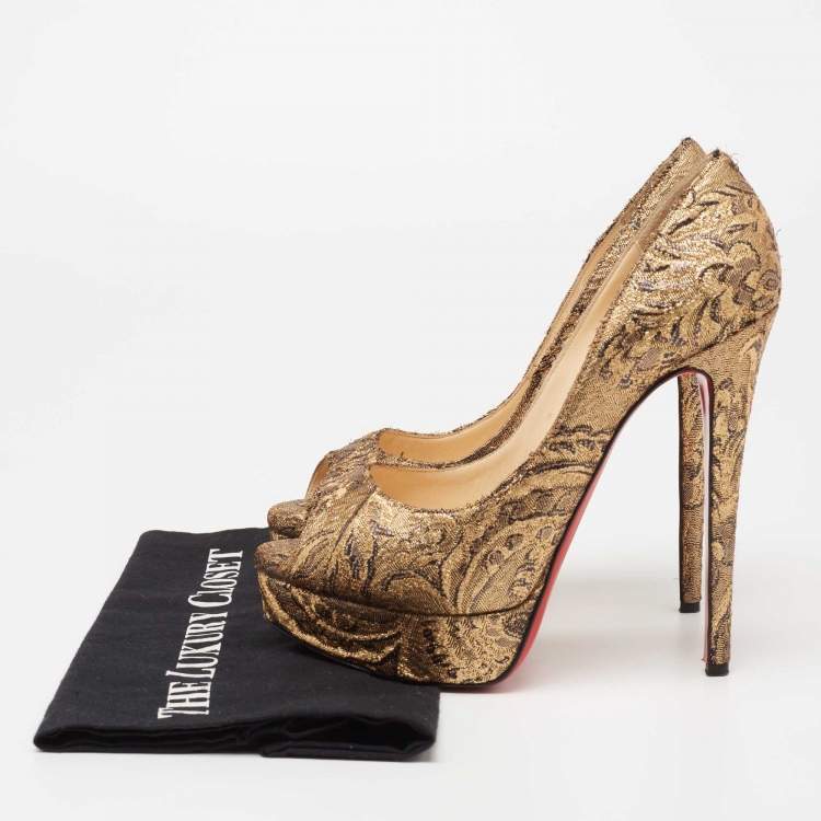 Pre Owned Christian Louboutin Gold Brocade Fabric Lady Peep-Toe Platform Pumps Size 38