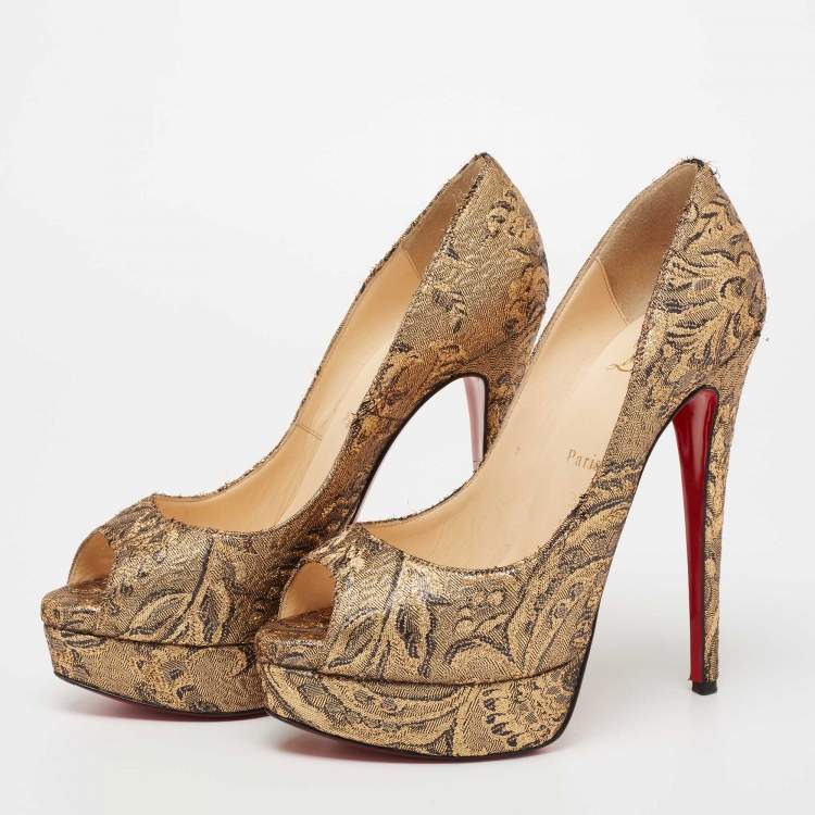 Pre Owned Christian Louboutin Gold Brocade Fabric Lady Peep-Toe Platform Pumps Size 38