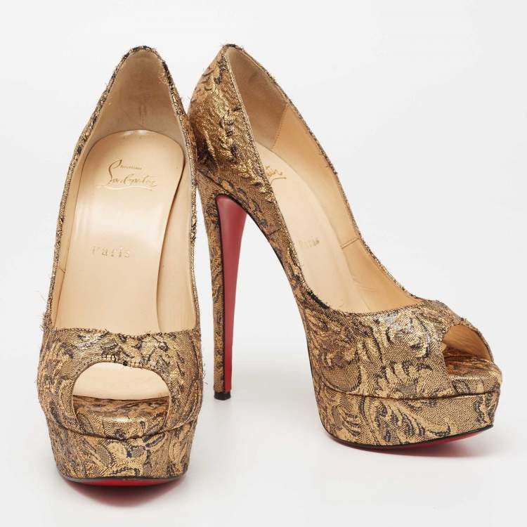 Pre Owned Christian Louboutin Gold Brocade Fabric Lady Peep-Toe Platform Pumps Size 38