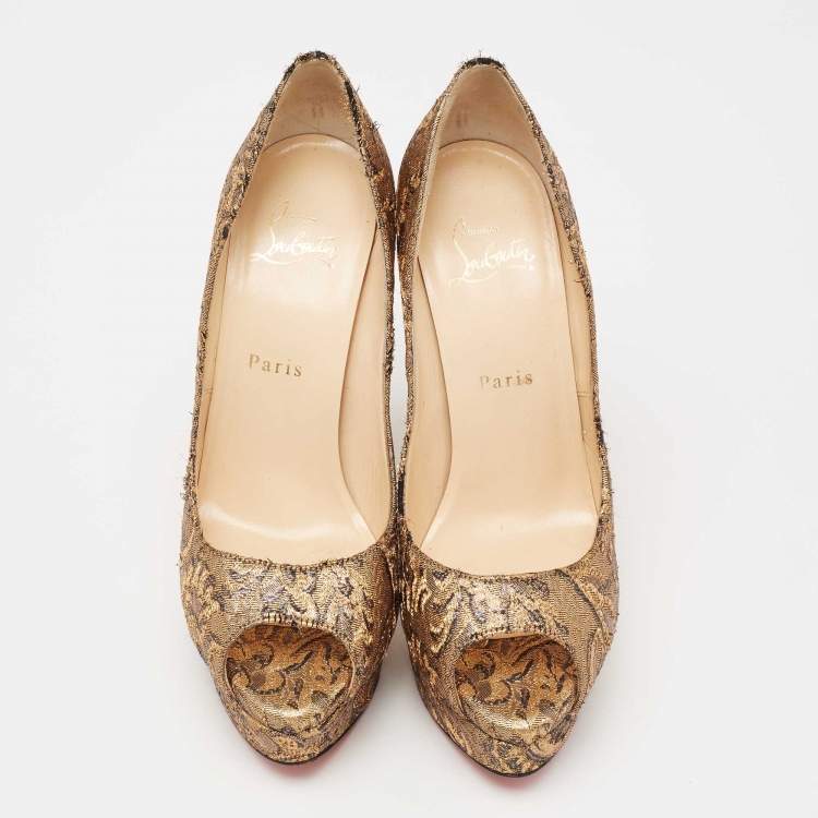 Pre Owned Christian Louboutin Gold Brocade Fabric Lady Peep-Toe Platform Pumps Size 38