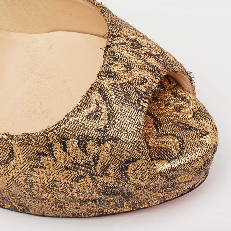 Pre Owned Christian Louboutin Gold Brocade Fabric Lady Peep-Toe Platform Pumps Size 38