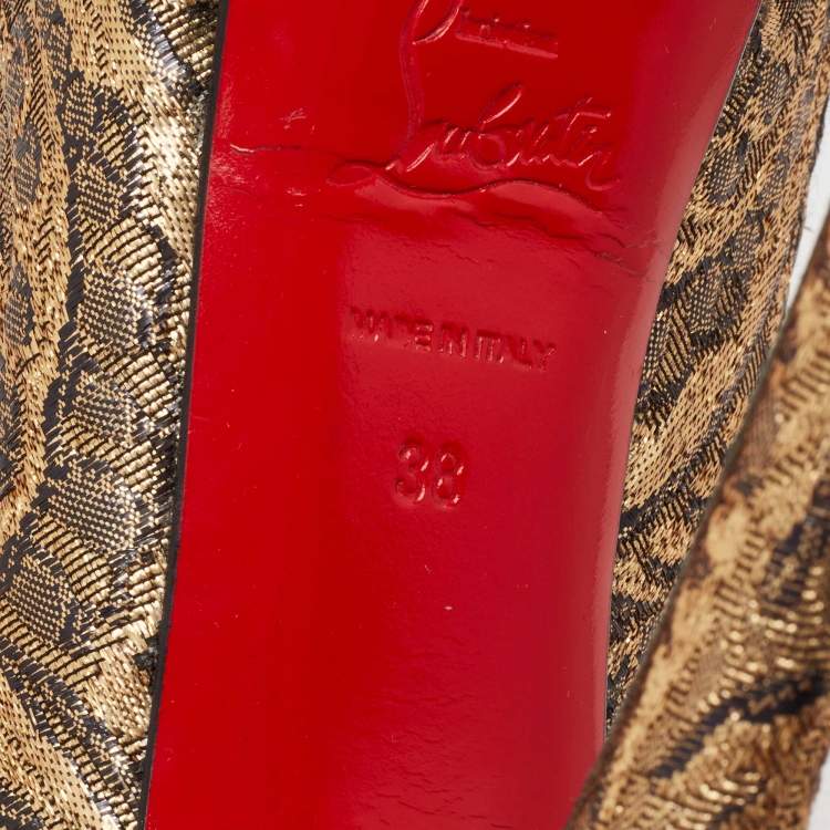 Pre Owned Christian Louboutin Gold Brocade Fabric Lady Peep-Toe Platform Pumps Size 38