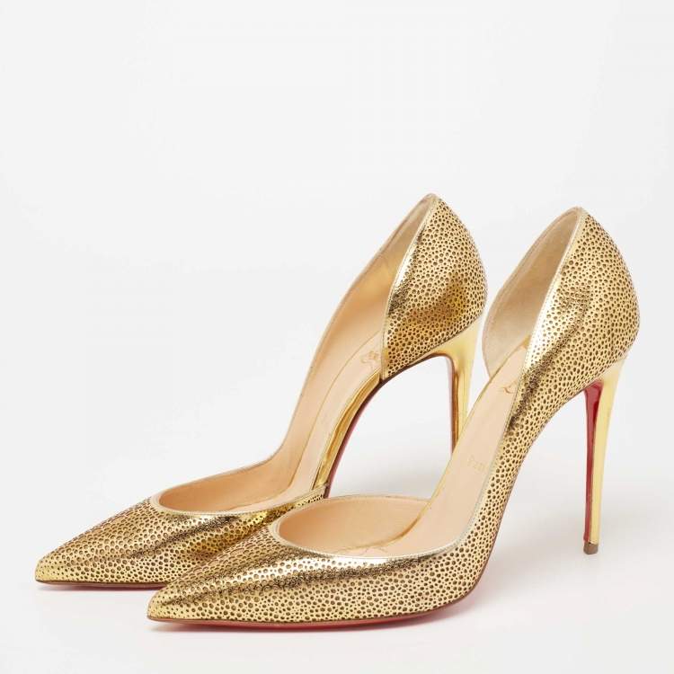 Pre Owned Christian Louboutin Gold Laser Cut Leather and Glitter Galu D'orsay Pumps Size 41
