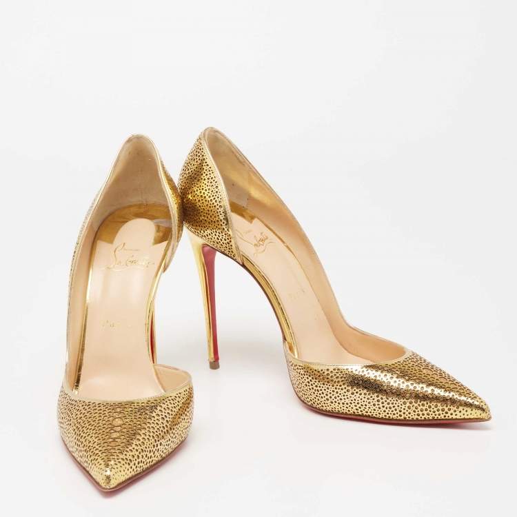 Pre Owned Christian Louboutin Gold Laser Cut Leather and Glitter Galu D'orsay Pumps Size 41