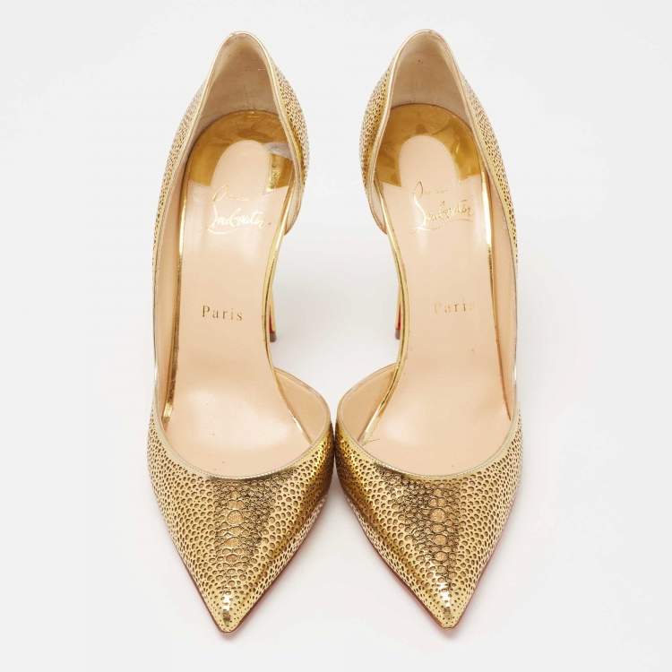Pre Owned Christian Louboutin Gold Laser Cut Leather and Glitter Galu D'orsay Pumps Size 41