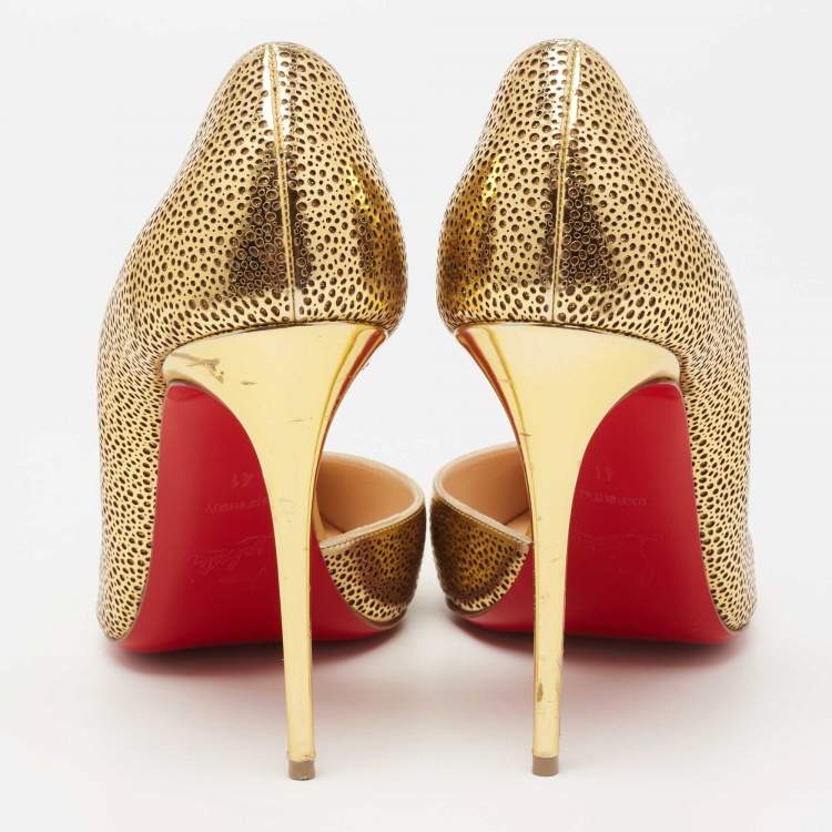 Pre Owned Christian Louboutin Gold Laser Cut Leather and Glitter Galu D'orsay Pumps Size 41