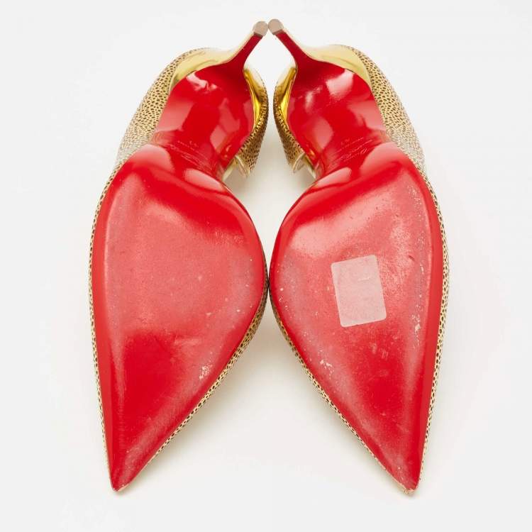 Pre Owned Christian Louboutin Gold Laser Cut Leather and Glitter Galu D'orsay Pumps Size 41