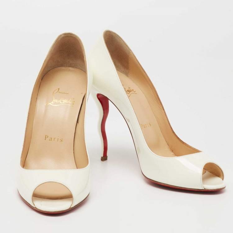 Pre Owned Christian Louboutin White Patent Leather Jolly Wavy Peep-Toe Pumps Size 37
