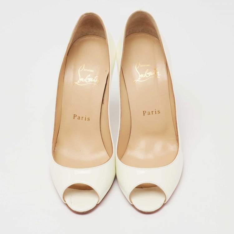 Pre Owned Christian Louboutin White Patent Leather Jolly Wavy Peep-Toe Pumps Size 37
