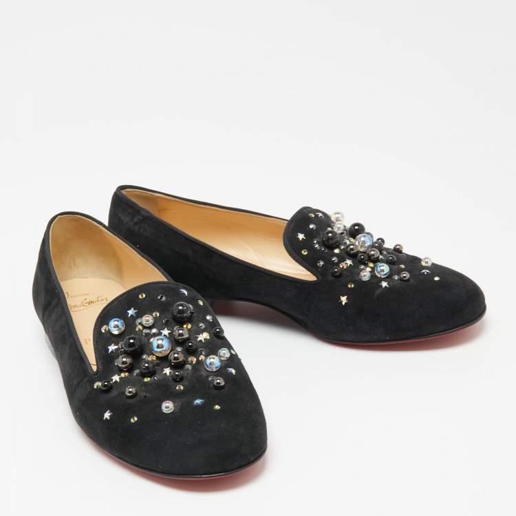 Pre Owned Christian Louboutin Black Suede Candy Studded Smoking Slippers Size 36