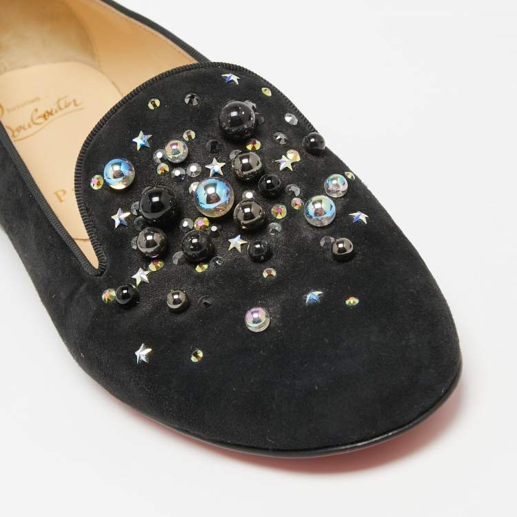 Pre Owned Christian Louboutin Black Suede Candy Studded Smoking Slippers Size 36