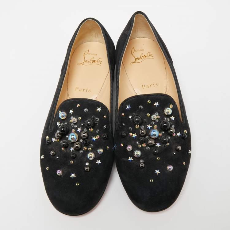 Pre Owned Christian Louboutin Black Suede Candy Studded Smoking Slippers Size 36