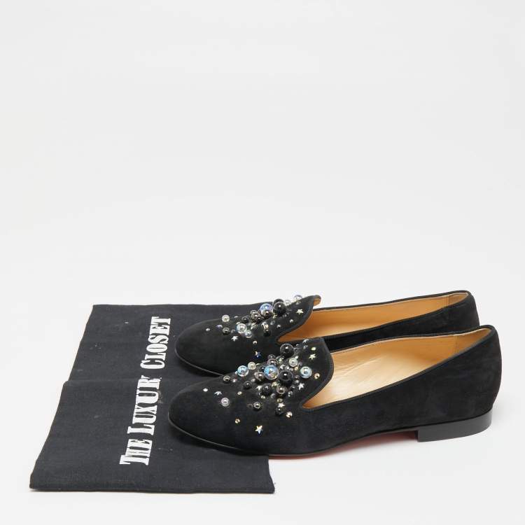 Pre Owned Christian Louboutin Black Suede Candy Studded Smoking Slippers Size 36