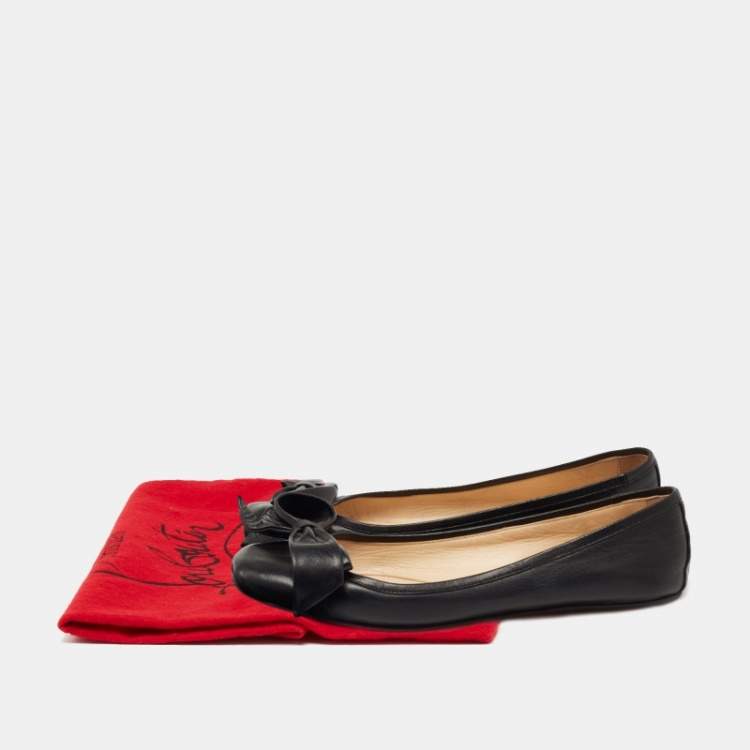 Pre Owned Christian Louboutin Black Leather Bow Detail Ballet Flats Size 35.5