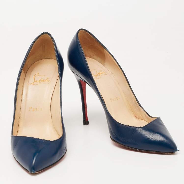 Pre Owned Christian Louboutin Navy Blue Leather Corneille Pointed Toe Pumps Size 35