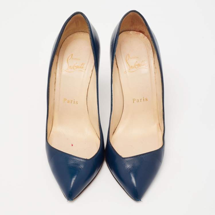 Pre Owned Christian Louboutin Navy Blue Leather Corneille Pointed Toe Pumps Size 35