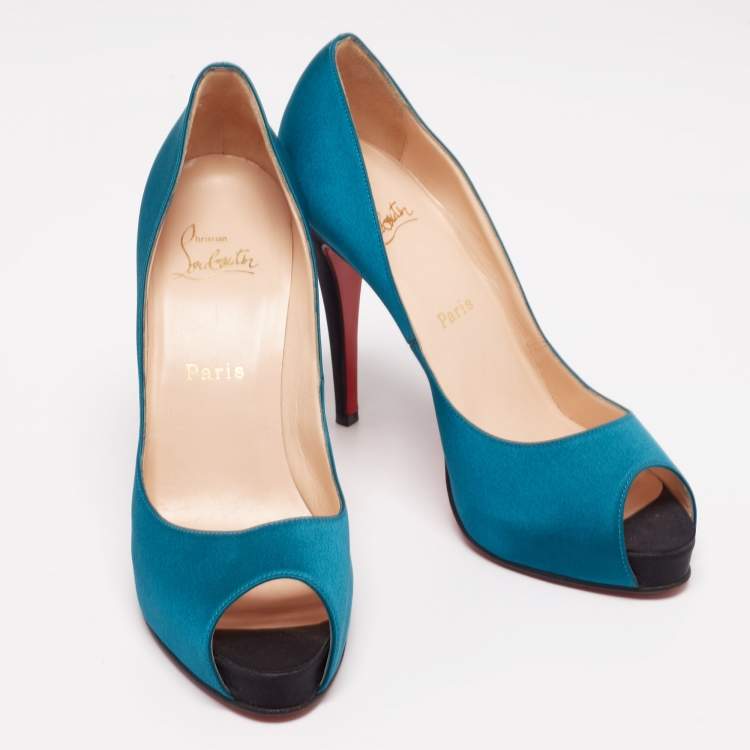 Pre Owned Christian Louboutin Blue/Black Satin Very Prive Peep Toe Platform Pumps Size 40