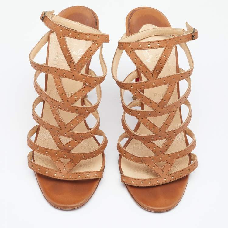 Pre Owned Christian Louboutin Beige Leather Strappy Ankle Strap Sandals Size 38.5