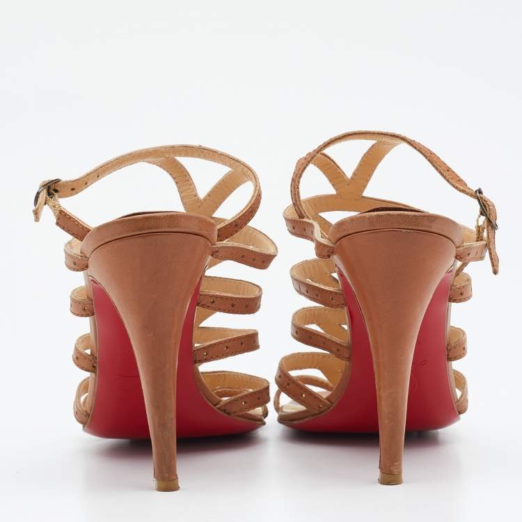 Pre Owned Christian Louboutin Beige Leather Strappy Ankle Strap Sandals Size 38.5