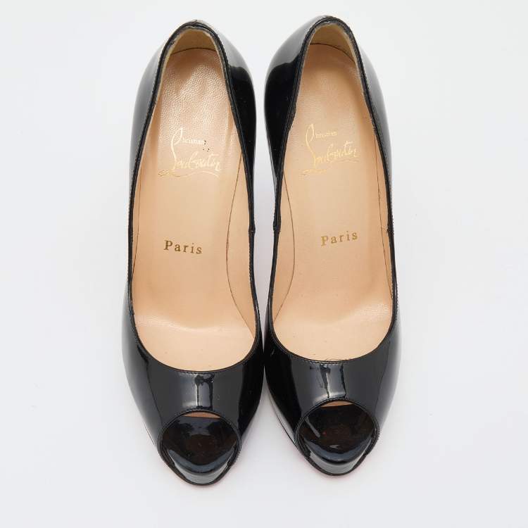 Pre Owned Christian Louboutin Black Patent Leather Very Prive Platform Peep Toe Pumps Size 37