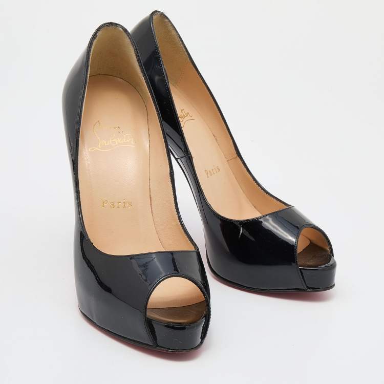 Pre Owned Christian Louboutin Black Patent Leather Very Prive Platform Peep Toe Pumps Size 37