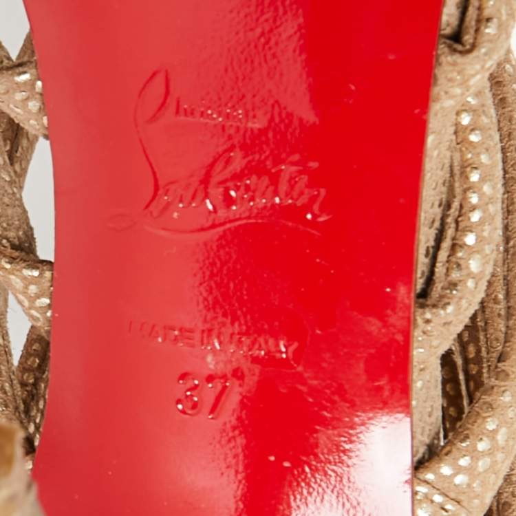 Pre Owned Christian Louboutin Gold/Brown Textured Suede Open-Toe Strappy Sandals Size 37