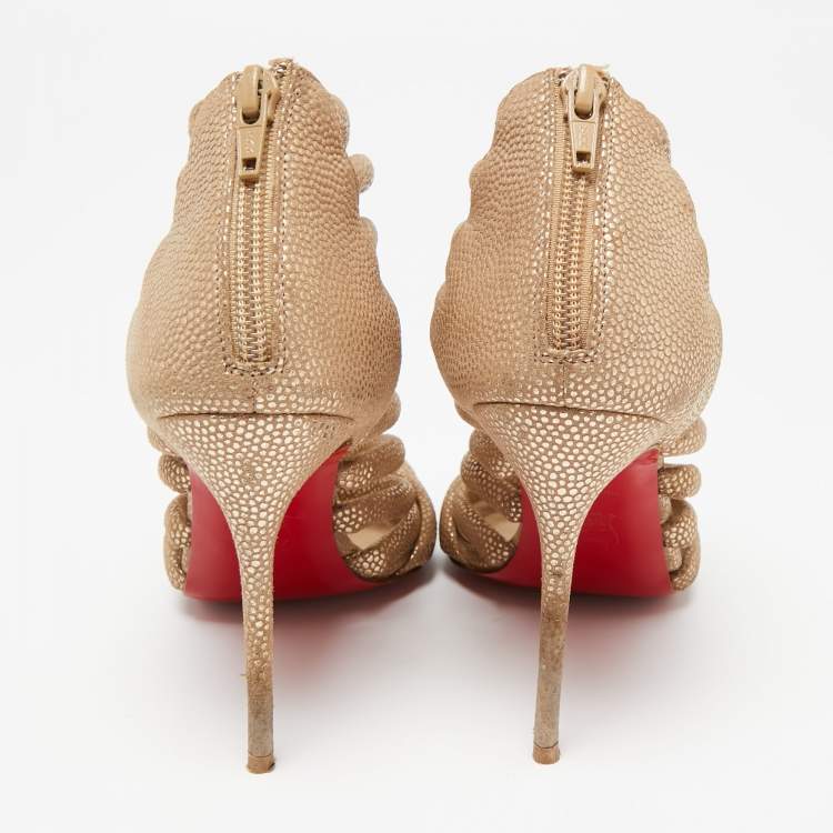 Pre Owned Christian Louboutin Gold/Brown Textured Suede Open-Toe Strappy Sandals Size 37