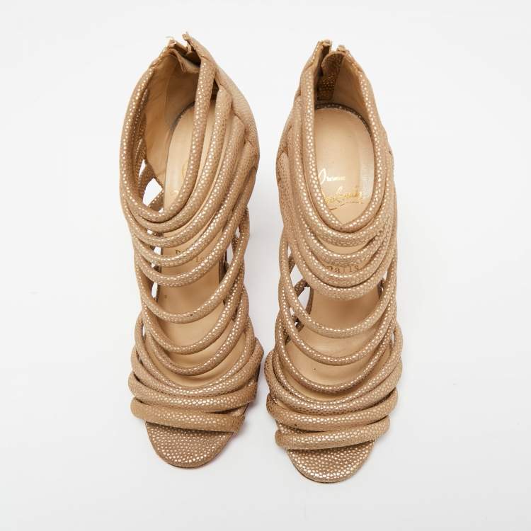 Pre Owned Christian Louboutin Gold/Brown Textured Suede Open-Toe Strappy Sandals Size 37