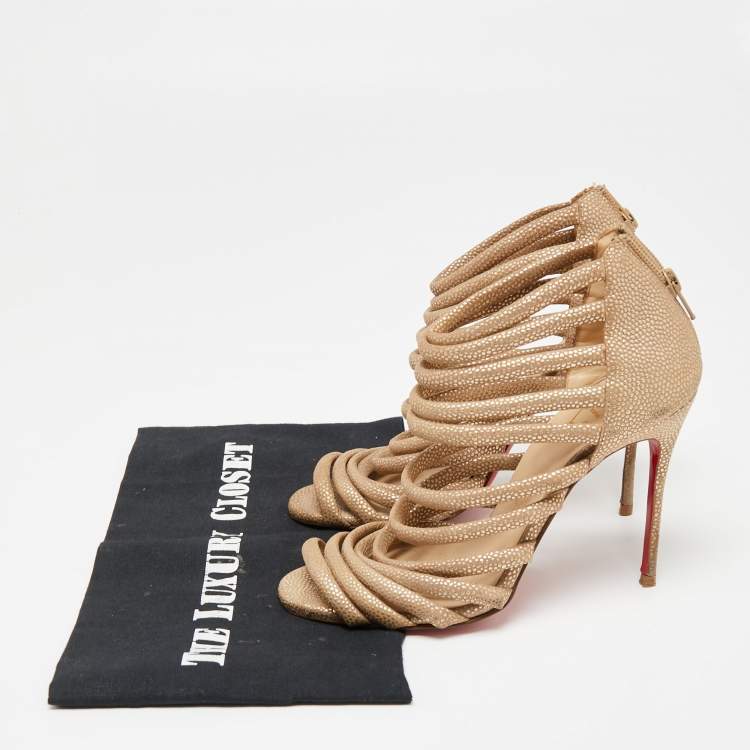 Pre Owned Christian Louboutin Gold/Brown Textured Suede Open-Toe Strappy Sandals Size 37