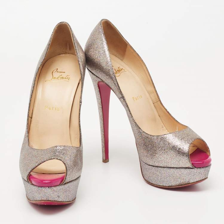 Pre Owned Christian Louboutin Metallic Multicolor Glitter Lady Peep Toe Platform Pumps Size 38.5