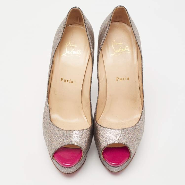 Pre Owned Christian Louboutin Metallic Multicolor Glitter Lady Peep Toe Platform Pumps Size 38.5