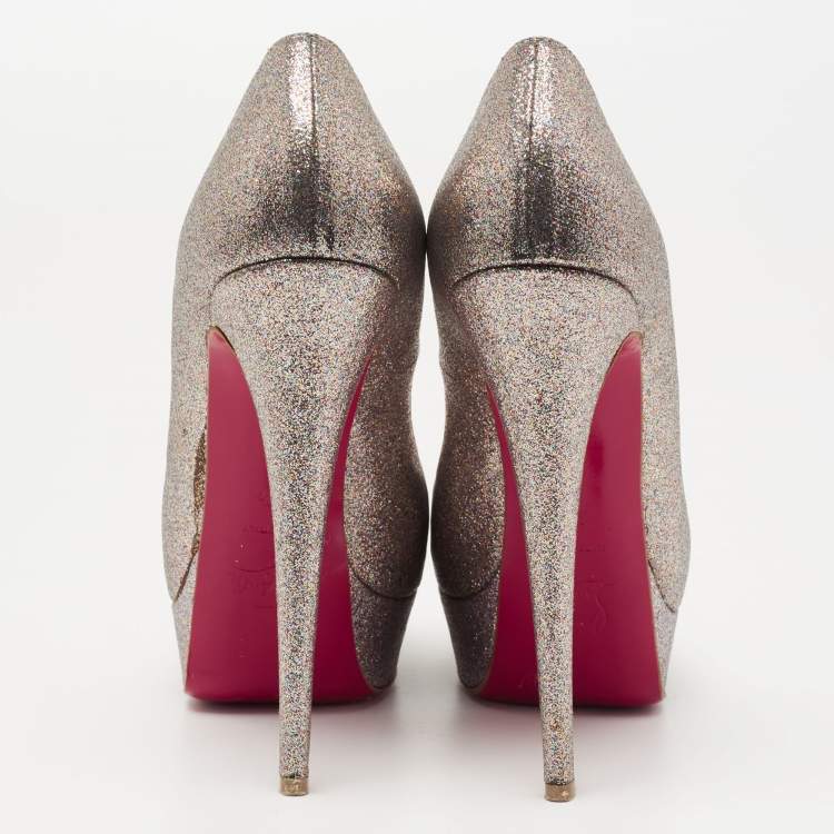 Pre Owned Christian Louboutin Metallic Multicolor Glitter Lady Peep Toe Platform Pumps Size 38.5