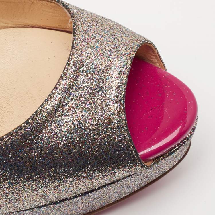 Pre Owned Christian Louboutin Metallic Multicolor Glitter Lady Peep Toe Platform Pumps Size 38.5