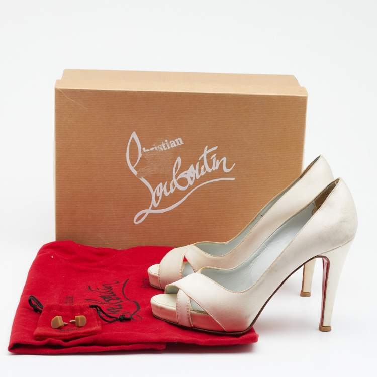 Pre Owned Christian Louboutin Off White Satin Shelley Peep-Toe Pumps Size 36