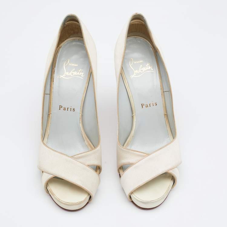 Pre Owned Christian Louboutin Off White Satin Shelley Peep-Toe Pumps Size 36