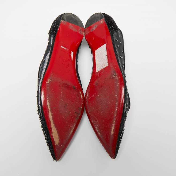Pre Owned Christian Louboutin Black Mesh and Studded Suede Follies Strass Ballet Flats Size 37.5 