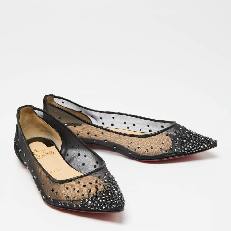 Pre Owned Christian Louboutin Black Mesh and Studded Suede Follies Strass Ballet Flats Size 37.5 