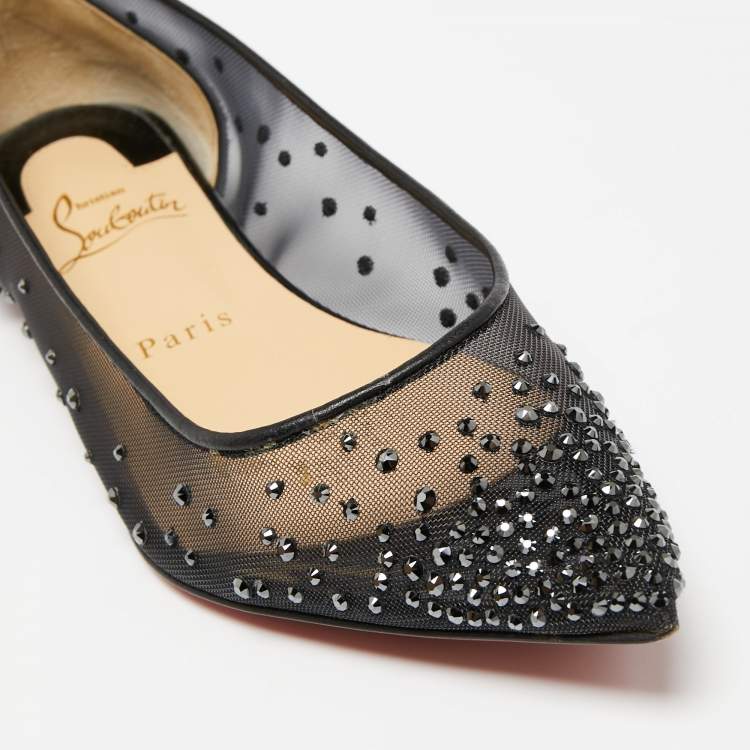 Pre Owned Christian Louboutin Black Mesh and Studded Suede Follies Strass Ballet Flats Size 37.5 