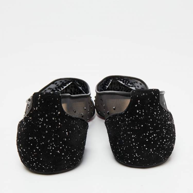 Pre Owned Christian Louboutin Black Mesh and Studded Suede Follies Strass Ballet Flats Size 37.5 