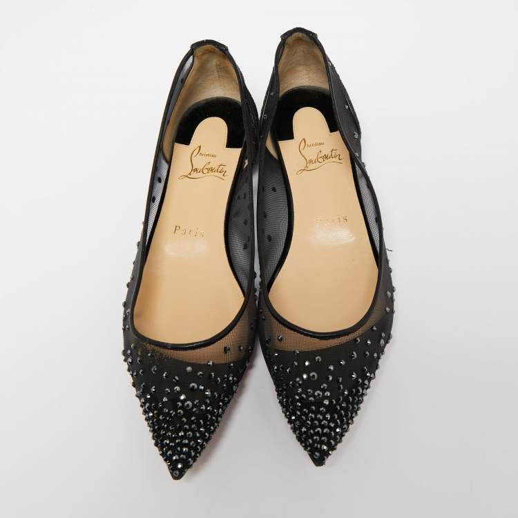 Pre Owned Christian Louboutin Black Mesh and Studded Suede Follies Strass Ballet Flats Size 37.5 