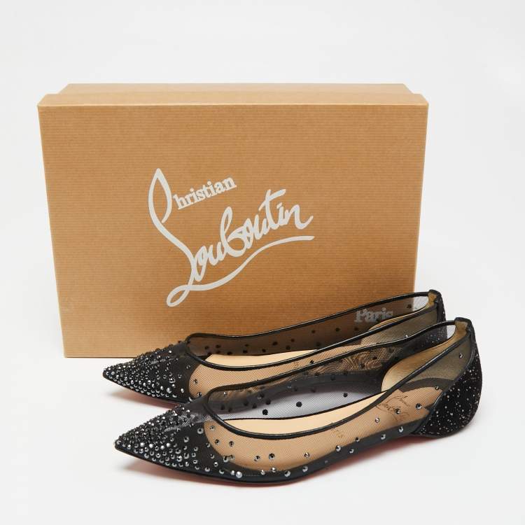 Pre Owned Christian Louboutin Black Mesh and Studded Suede Follies Strass Ballet Flats Size 37.5 